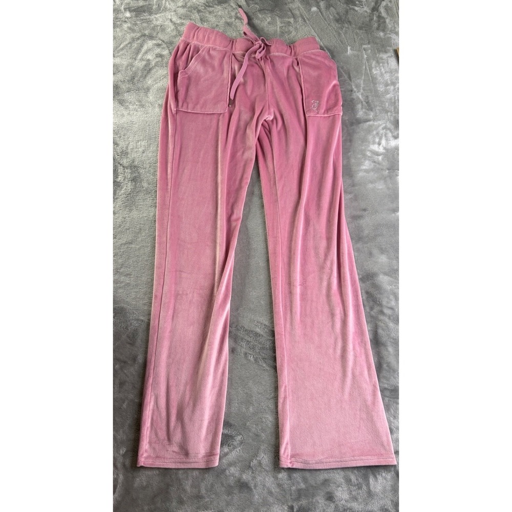 Juicy Couture Women Size M Pink Velour Track Pants Rhinestone Logo Sleepwear